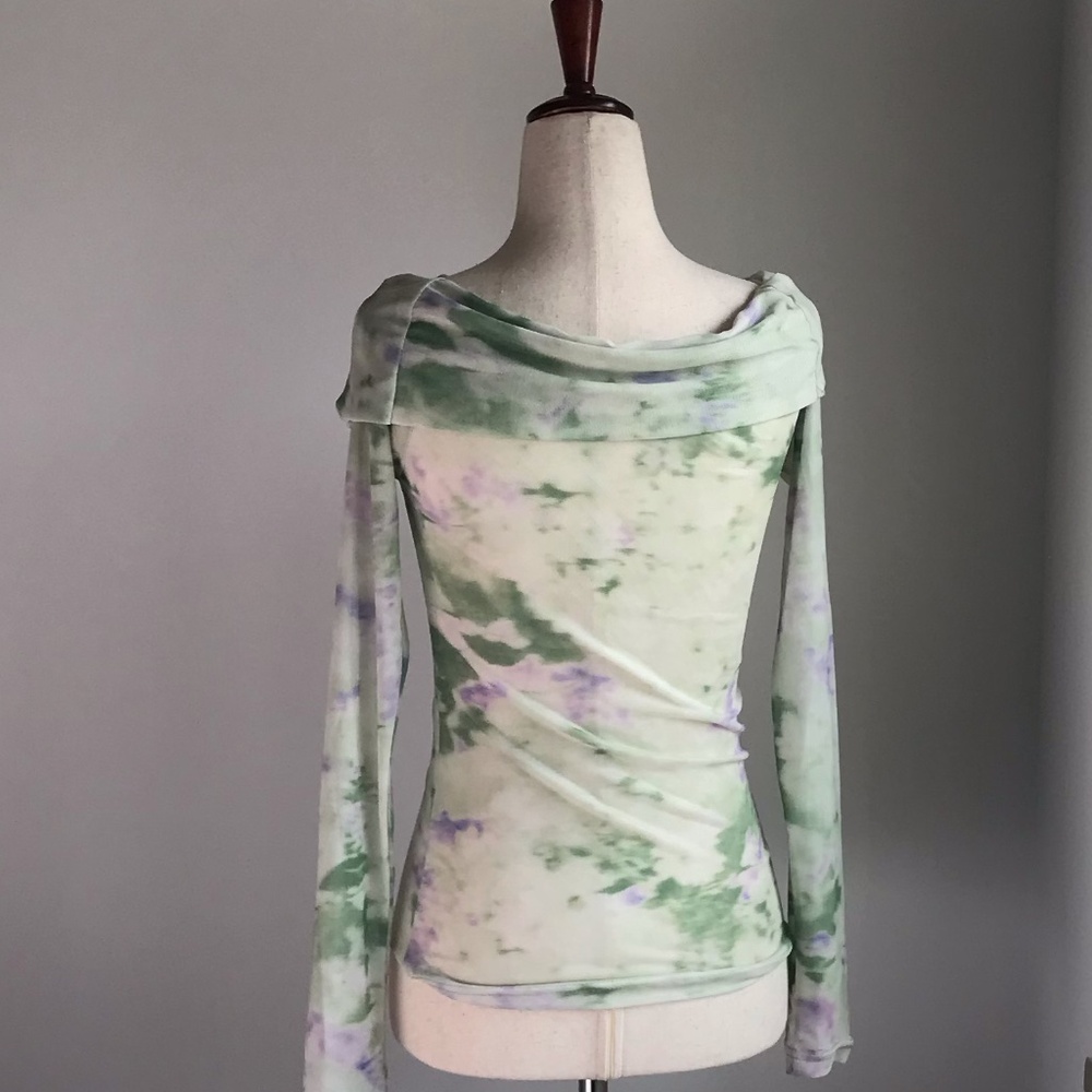 Long Sleeve Off Shoulder Top in Light Green Print - Picture 2 of 2